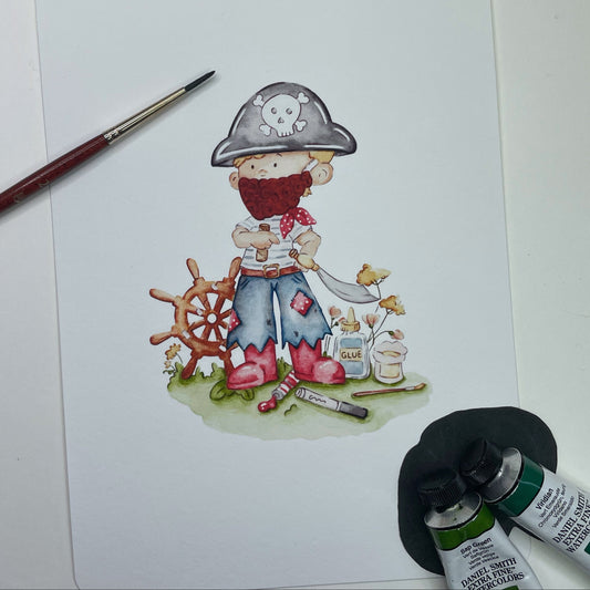 Illustration of a pirate child with painting supplies on a white background